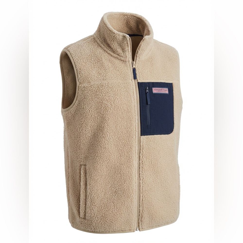 Vineyard Vines Beige Fleece Vest with Dark Blue Accents